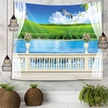 Macro detail of the woven wall tapestry featuring a scenic coastal balcony view - European Balcony Lake