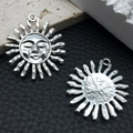 Silver vintage sun pendant with face design for DIY jewelry making in retro alloy finish - Sun 8053 Silver 29mm