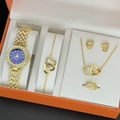 Women's gold heart jewelry set with sparkling rhinestones in an elegant orange gift box - Blue Dial / Gold Set