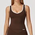 Tight coffee brown yoga vest with white contrast trim and a low U-neck design - Dark Coffee