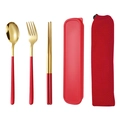 Portable 304 stainless steel cutlery set with red handles and gold finish items - Red Gold Spoon Fork Chopsticks 3-piece Set with Mesh Bag