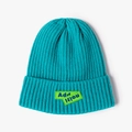 Peacock blue ribbed knit beanie featuring contrast lime green lettered fabric patches - Deep Lake Blue
