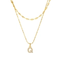 Double-layer gold stainless steel necklace with letter Q pendant and studded crystals - Gold-Letter Q