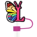 Rainbow butterfly straw topper with hot pink letter L for 10mm dustproof covers - L