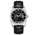 Men's fashion quartz watch with black leather strap, silver fluted bezel and date window - Black Strap Silver Case Black Dial Men's