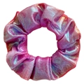 Detailed close-up of handmade pink laser fabric scrunchie with holographic sequin texture - Deep Rose Red