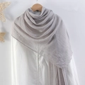 Light gray wrinkled cotton linen scarf with frayed edges displayed on a wooden hanger - Light Gray