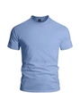 Detailansicht der hellblauen Rundhals-T-Shirt-Stoffstruktur und des inneren Etiketts - S / Hellblau