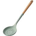 Light green silicone slotted spoon with floral holes and wooden handle kitchen tool - Lake Green Slotted Spoon (with Stand)