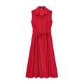 Red sleeveless shirt dress with classic collar and bow tie belt in A-line silhouette - XS / Red