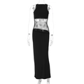 Detailed view of the sheer lace patchwork on the waist of this black sleeveless maxi dress - XS / Black