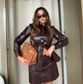 Damen Set aus dunkelbraunem PU-Leder mit Reversjacke und Minirock im Zweiteiler-Look - Set
