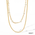 Double-layered gold stainless steel necklace with white imitation pearls, style KBD877 - Gold (KBD877)