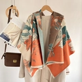 Thick magnolia cashmere feel shawl with floral pattern in orange and teal for winter - Magnolia-Orange