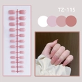 Detailed look of nude pink medium square press-on nails with shiny finish and model view - TZ Medium Long-115 Jelly Pink