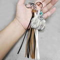 Western leather tassel keychain with bull head charm and sunflower pendant held by hand - Horsehair Texture Plate Style (1)