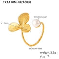 Adjustable 18k gold plated titanium steel ring with shell pearl and floral petals - Three-petal Flower Pearl Open Ring (TXA110) / Gold