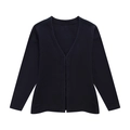 Dettaglio del cardigan in maglia blu scuro con scollo a V e trama di maglia fitta - S / Top Nero