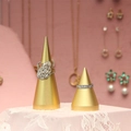 Golden cone jewelry display stands with swan diamond ring on elegant green velvet - Gold Metal Double Ring Cone
