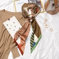 Long silk scarf with houndstooth and geometric patterns in brown tones on white background - #396 Stripe Fine Plaid Coffee Green Border