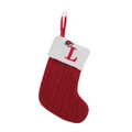 Red knit Christmas stocking with white cuff featuring a red embroidered letter L - Letter L