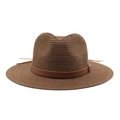 Close-up of retro tan panama straw hat with tight weave and brown leather belt detail - M(56-58cm) / Coffee