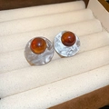 Retro round amber resin stud earrings with silver hammered metal base on beige velvet - 36# Silver Earring Post-Grey-Brown-Hammered Metal Amber
