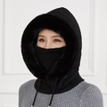 Women's black winter knitted hat with thick faux fur trim and integrated face mask - Black