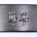 Set of two antique silver owl brooches with clear crystal belly and black gemstone eyes - White Crystal