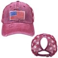 Distressed burgundy ponytail baseball cap with American flag patch and mesh back - Ponytail Hole Design / Wine Red - American Flag