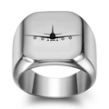 Men's silver titanium steel square signet ring with black airplane laser engraving - US 12 / Steel