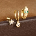 Golden S925 silver snake earring set with green cubic zirconia on leather surface - 混搭组合(Y26055) / 金色-白-绿