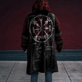 Men's Viking rune compass print hooded long cloak in black with red Nordic patterns - Xjk01025072319