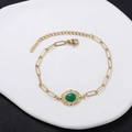 Vintage gold paperclip chain bracelet with oval green stone inlay and lobster clasp - Green Aventurine Style