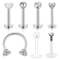 7-piece stainless steel and acrylic body piercing set with heart and crystal studs - 7Pcs Set (Combo Set)