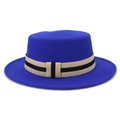 Detail of royal blue wool felt flat top hat with a striped band and wide brim - One Size 58cm Circumference / Sapphire Blue