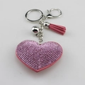 Sparkling pink rhinestone heart keychain with matching suede tassel and silver bell - Pink