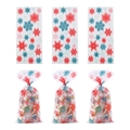 Transparent Christmas OPP gift bags with red and blue snowflake prints and red ties - Style 7 (Clear Snowflake) 100Pcs/Bag