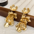 Elegant matte gold layered flower drop earrings with a vintage brushed metal finish - Gold Flower Tassel 3D