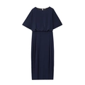 Elegante vestido midi azul marino con hombros caídos y cintura elástica plisada - XS / Azul marino