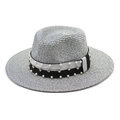 Elegant flat top straw fedora with pearl and rhinestone band in grey weave - M(56-58cm) / Navy Blue