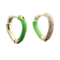 Fashionable heart earrings with gold crystal and green enamel finish on white background - Green