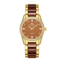 Elegant gold quartz watch with coffee ceramic strap and rhinestone bezel for women - Coffee Dial Brown Red Strap