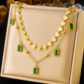 Double-layered gold titanium necklace with shell elements and green gemstone pendants - Green Stone Style (N1127)