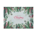 Detail of Christmas table mat showing botanical print and Merry Christmas greeting - Pattern CD090-10