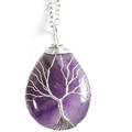 Handmade Tree of Life wire wrapped amethyst crystal teardrop pendant necklace - Amethyst Silver