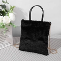 Minimalist black plush faux fur tote bag with golden metal chain strap for women - Black