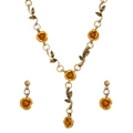Parure de bijoux vintage en bronze avec roses jaunes et pierres orange - Parure Collier Boucles d'Oreilles Rose Orange Doré (A-973) / Orange Doré (A-973)
