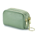 Green leather coin purse with three zipper compartments and a golden keychain loop - Light Green