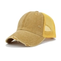 Distressed mustard yellow washed cotton trucker hat with breathable mesh and vintage holes - One Size / Yellow